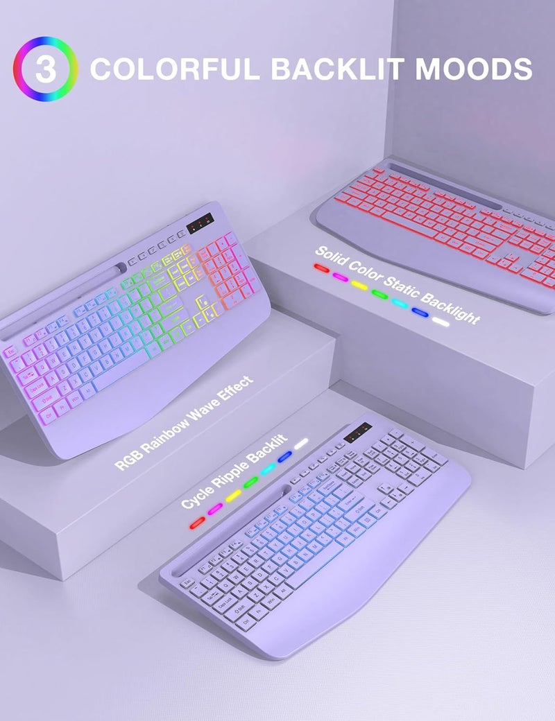 SABLUTE Wireless Keyboard with 9 Effects Backlits, Wrist Rest, Phone Holder, Rechargeable Ergonomic Computer Keyboard with Silent Keys, 2.4G Lag-Free Cordless Set for PC, Laptop, Windows, Mac (Keyboard Only) - Image 3